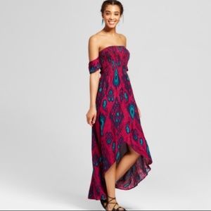 Xhilaration magenta ikat pattern off the shoulder maxi dress size medium
